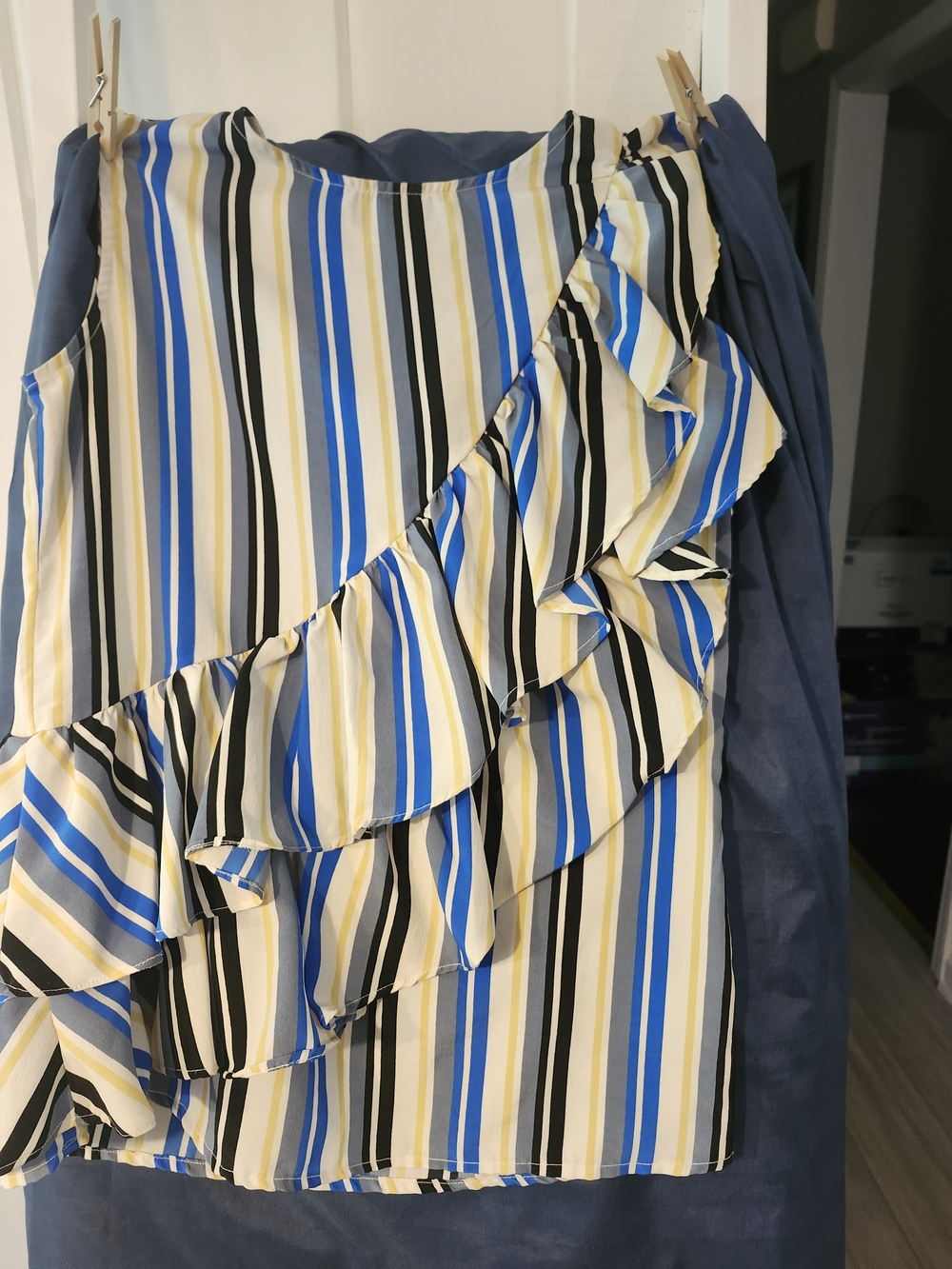 Striped Ruffle Midi Shirt in Blue, White , Black and Yellow.